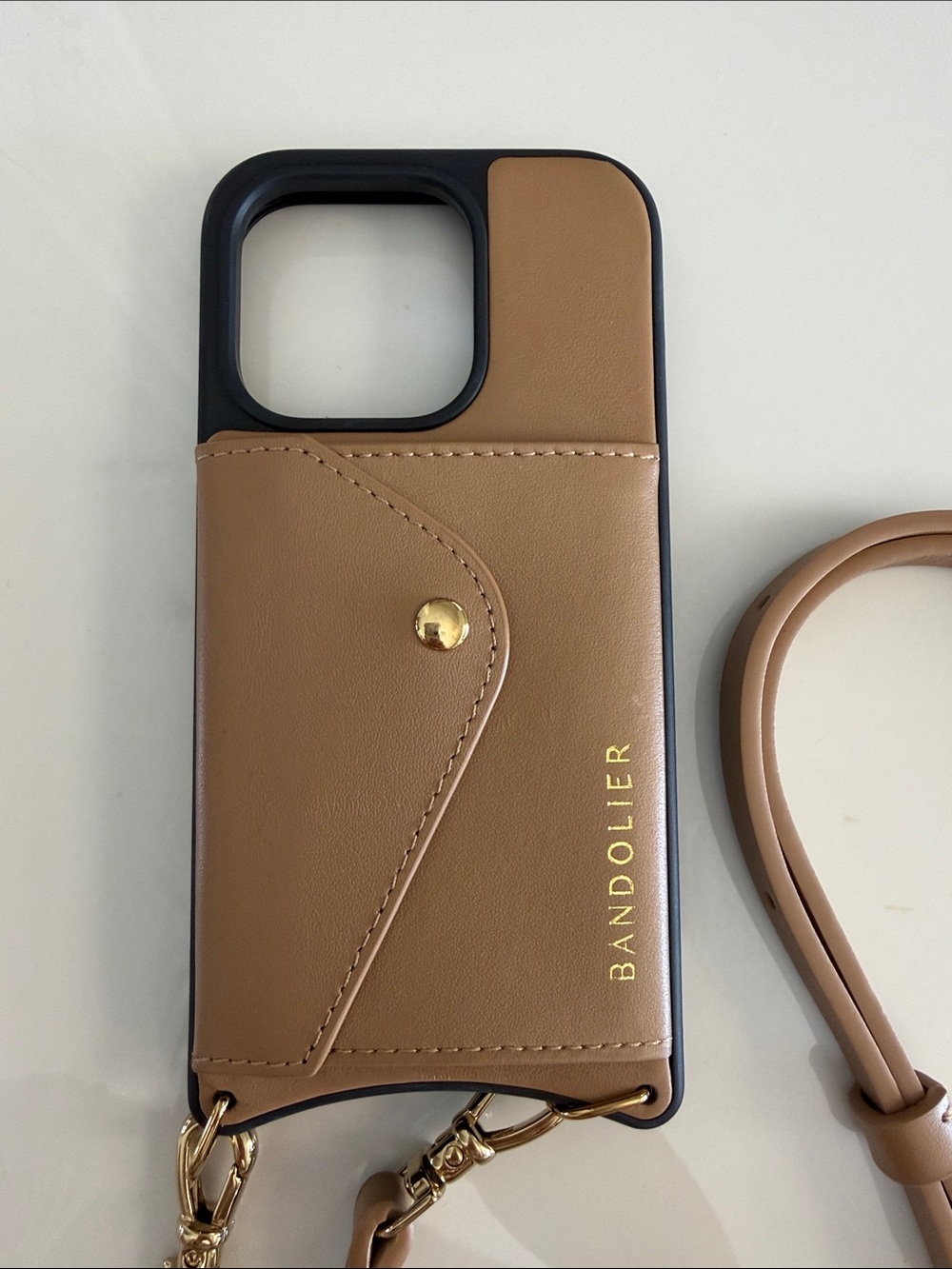 Bandolier Tan Leather Crossbody Phone Case with Gold Hardware